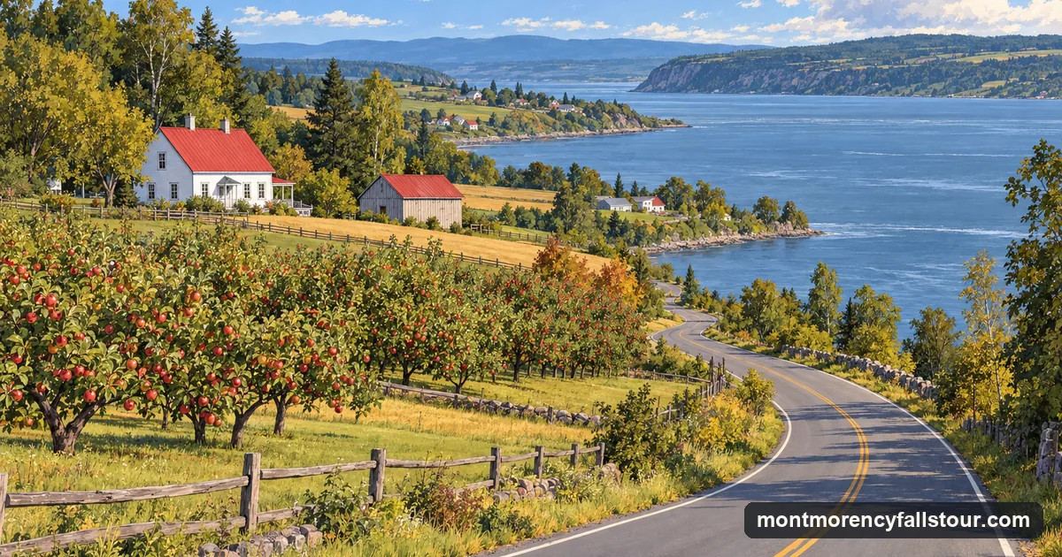 Illustration: a country road on a green island with farm fields, a white farmhouse with a red roof, apple trees and a wide river with a far shore in the distance
