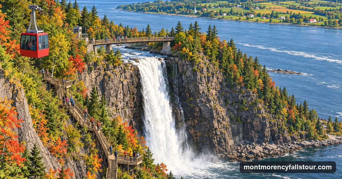 Illustration: a red cable car cabin climbing a steep wooded cliff beside a tall white waterfall, a narrow footbridge across the top of the falls and a wide river below