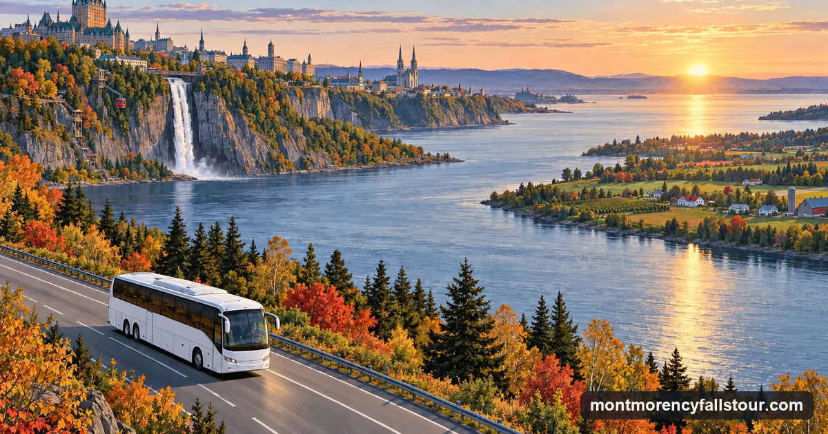 Illustration: a plain white coach on a motorway beside a wide river at sunrise, flat farmland and a line of trees, a city skyline small in the distance behind