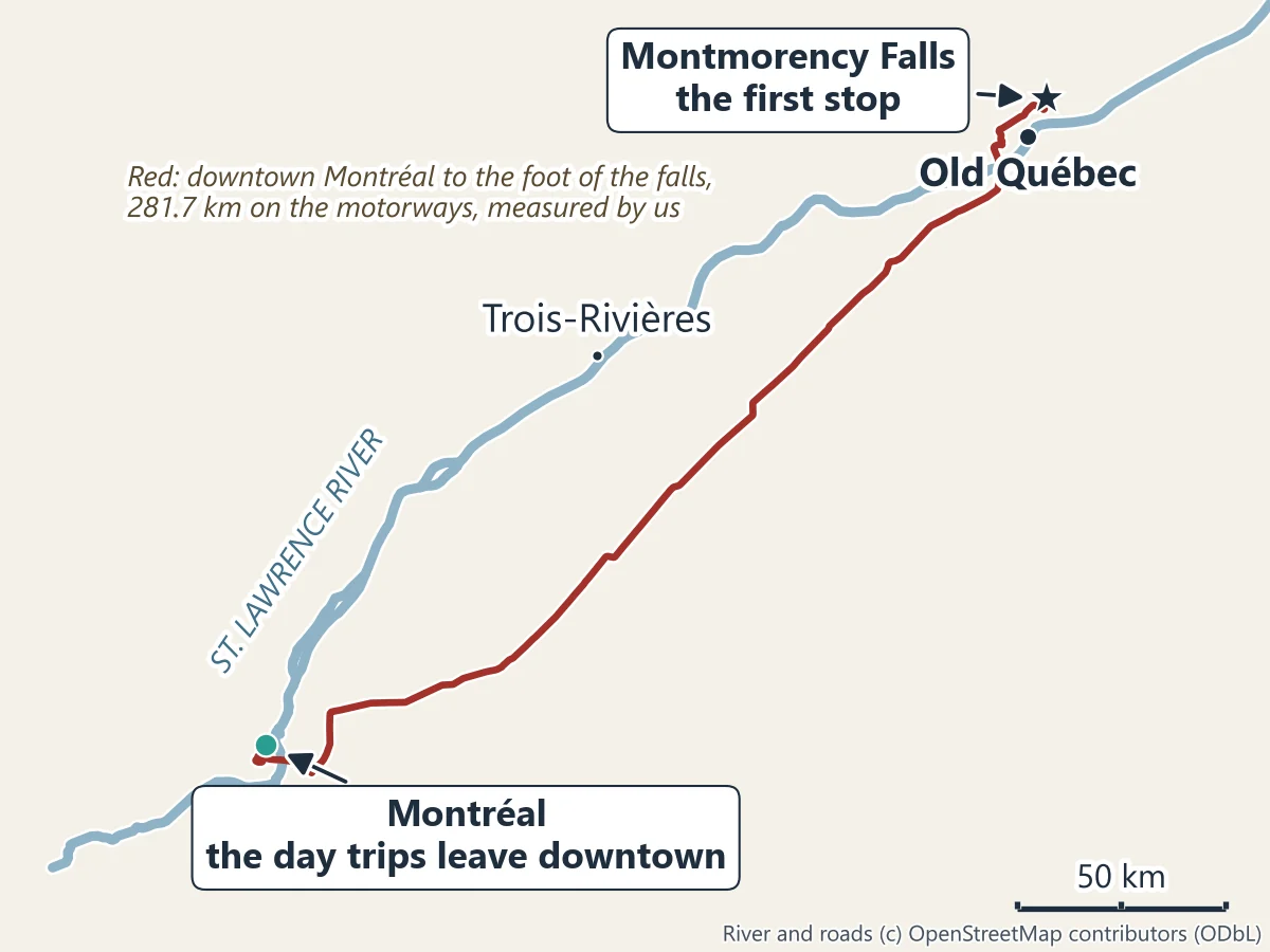 Map of the St. Lawrence valley: the motorway route from downtown Montréal to Montmorency Falls, 281.7 km, past Trois-Rivières, with Old Québec just before the falls