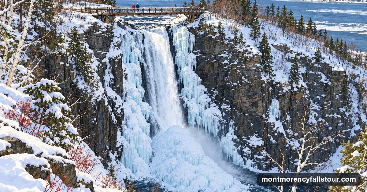 Illustration: a tall waterfall frozen into white and blue ice columns seen from the top of the cliff, a large snow-covered ice cone at its foot, snowy cliffs with bare trees and a snowy footbridge across the top with two people on it