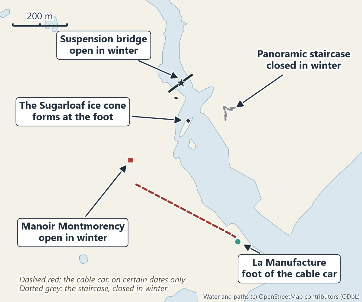 Map of Parc de la Chute-Montmorency in winter: the suspension bridge open, the Sugarloaf ice cone at the foot of the falls, the panoramic staircase closed, the Manoir Montmorency open, and the cable car from La Manufacture running on certain dates only
