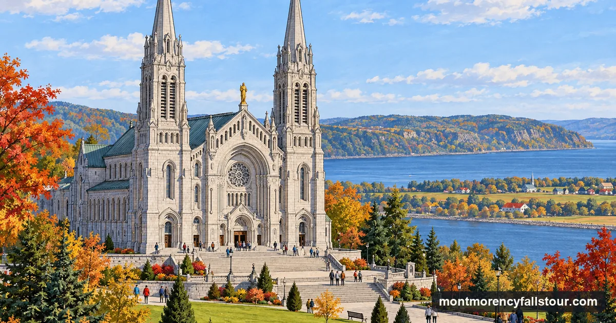 Illustration: a large stone basilica with two tall spires and wide steps, a green lawn and a few visitors in front, a river and low hills behind